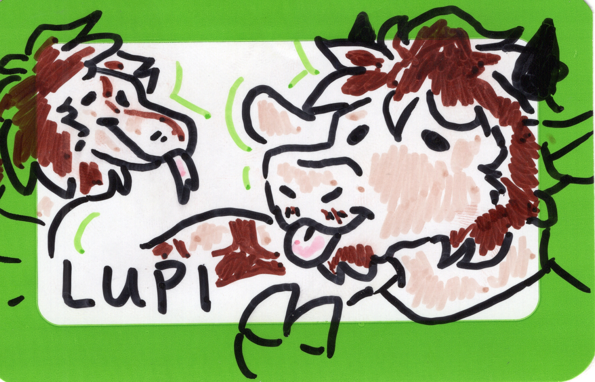 a rectangular, green-outlined badge, with a marker drawing of my fursona and their two heads, the cow and the snake both